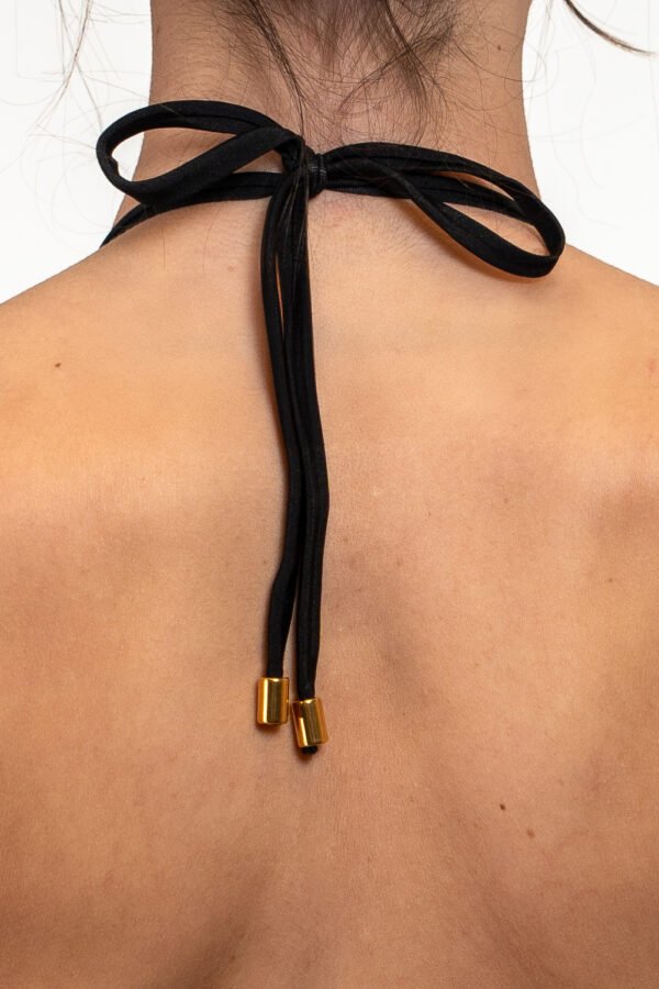 Goiá Criss Cross Triangle Bikini Top in Black – versatile design with removable wrap straps and gold-tone carabiner ring.