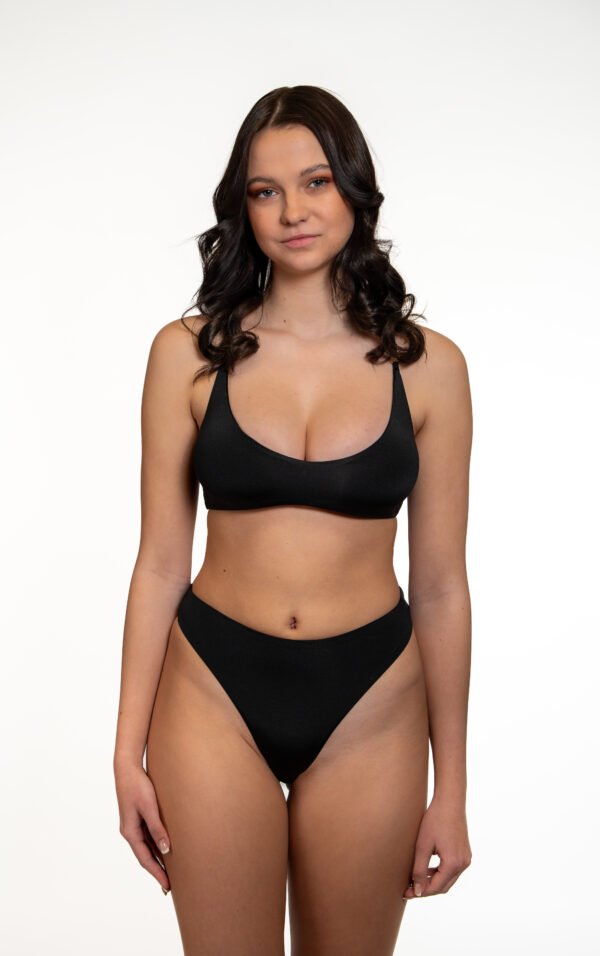 Floripa High Waist Brazilian Bikini Bottom in Black – Sculpting high-waist design with cheeky Brazilian coverage, seamless edges & chlorine-resistant fabric.