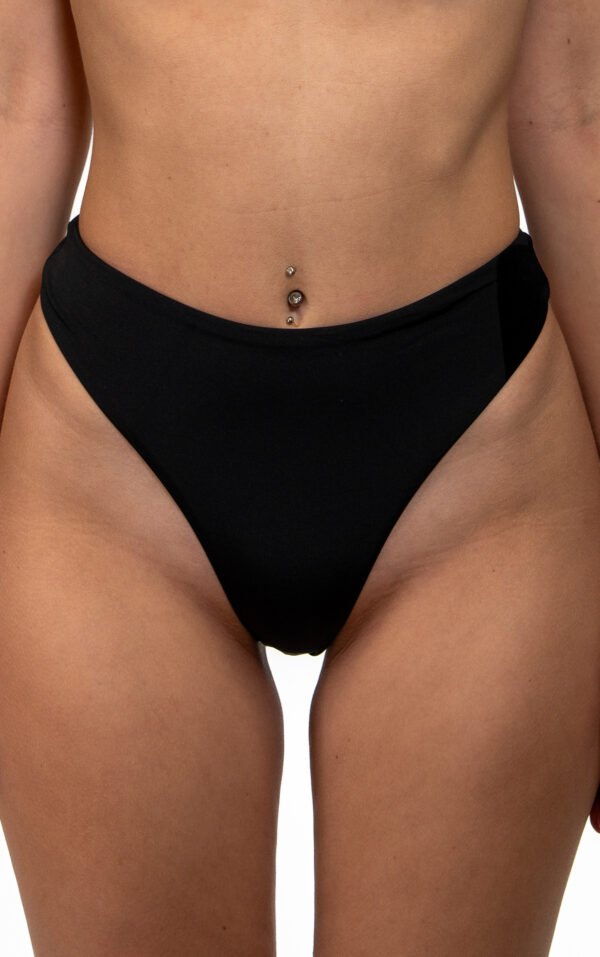 Floripa High Waist Brazilian Bikini Bottom in Black – Sculpting high-waist design with cheeky Brazilian coverage, seamless edges & chlorine-resistant fabric.